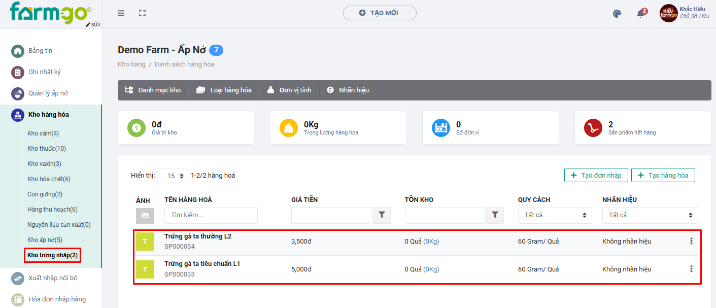 Kho trứng nhập farmgo