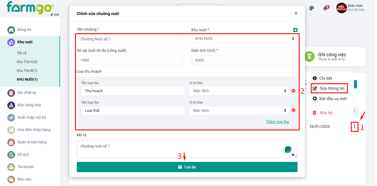 Sửa thông tin chuồng nuôi farmgo