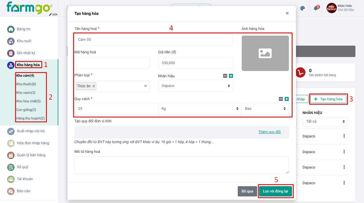 Tạo hàng hóa farmgo