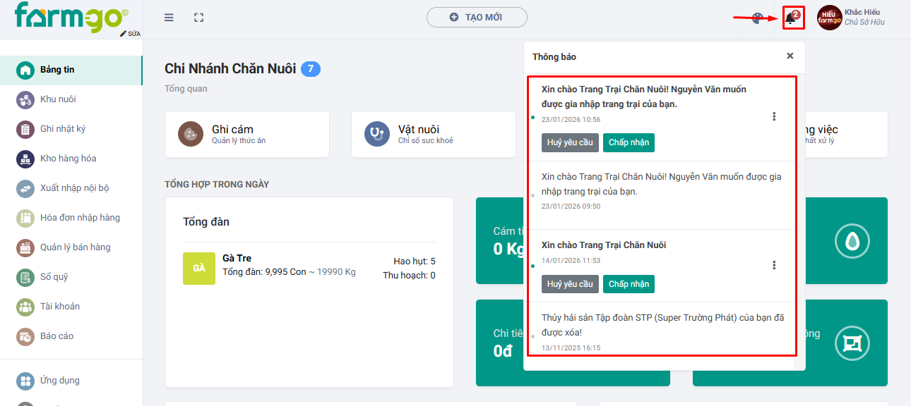 Thông báo của phần mềm farmgo