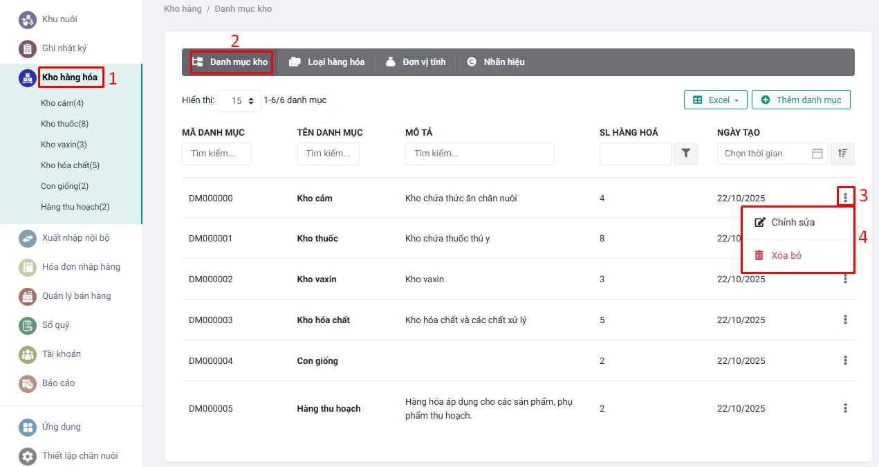 chỉnh sửa danh mục kho farmgo
