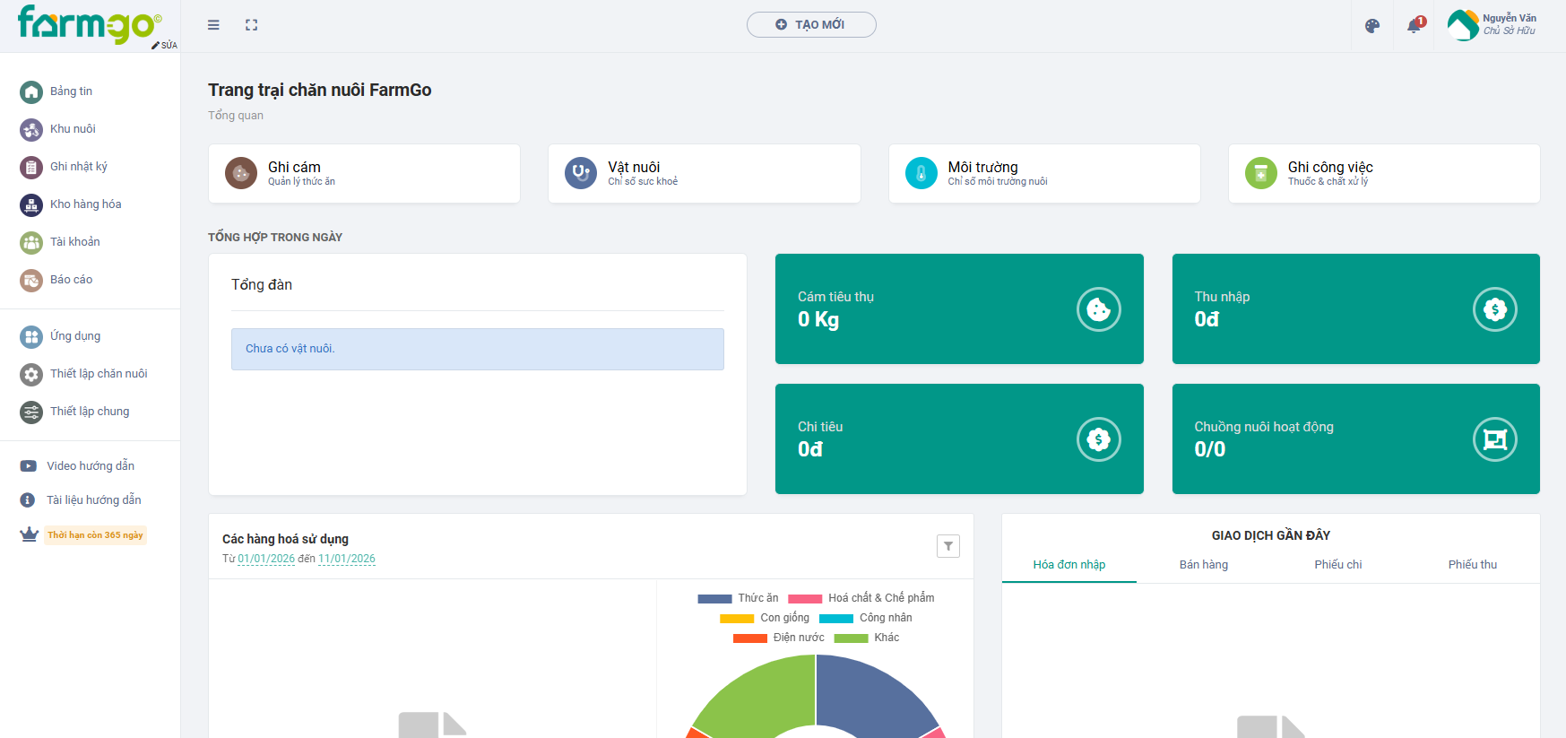 màn hình trang chủ phần mềm farmgo