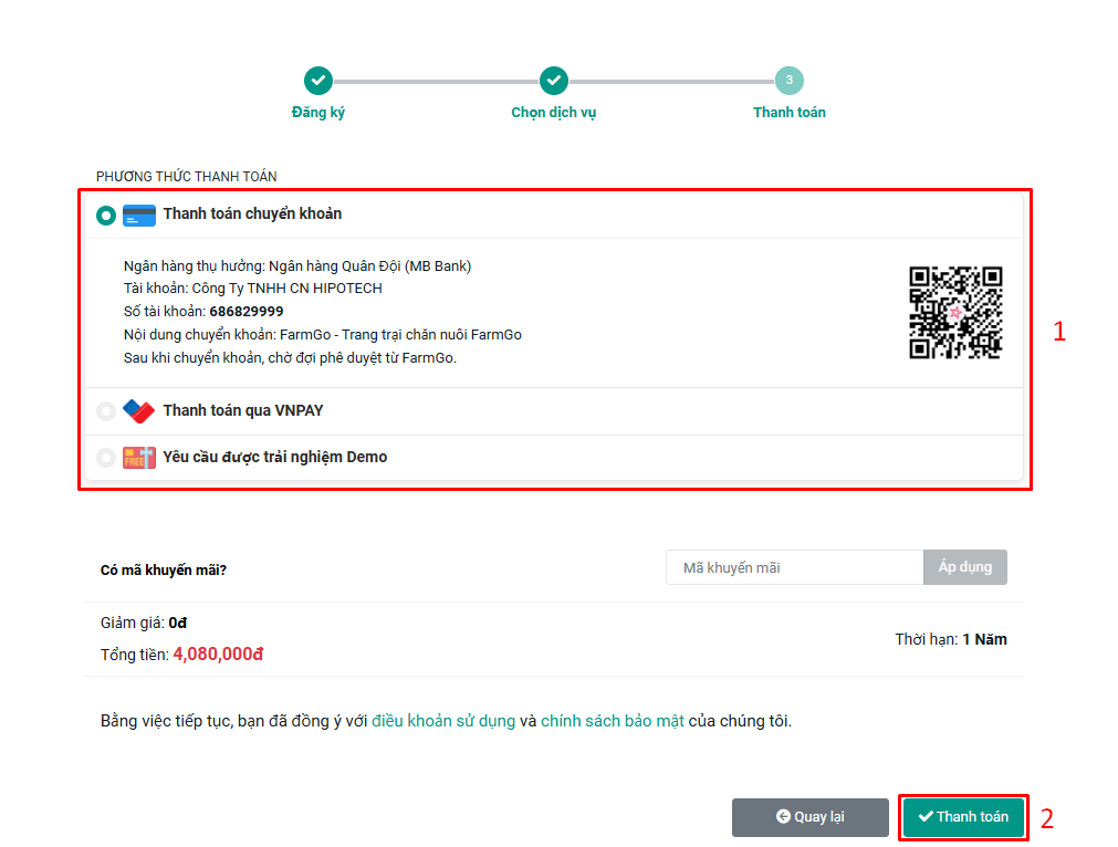 phương thức thanh toán farmgo