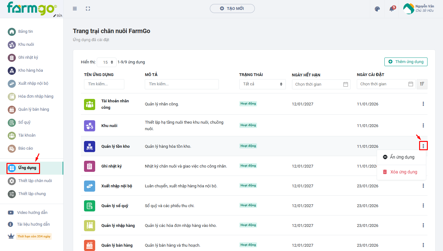 quản lý ứng dụng Farmgo