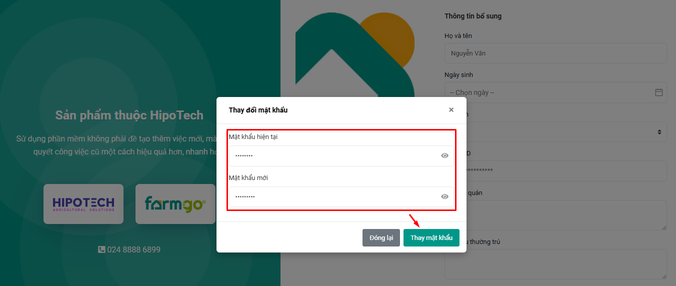 thay đổi mật khẩu farmgo