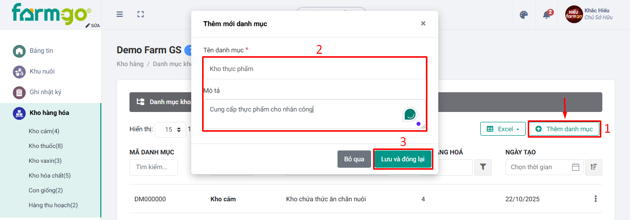 thêm danh mục kho FarmGo