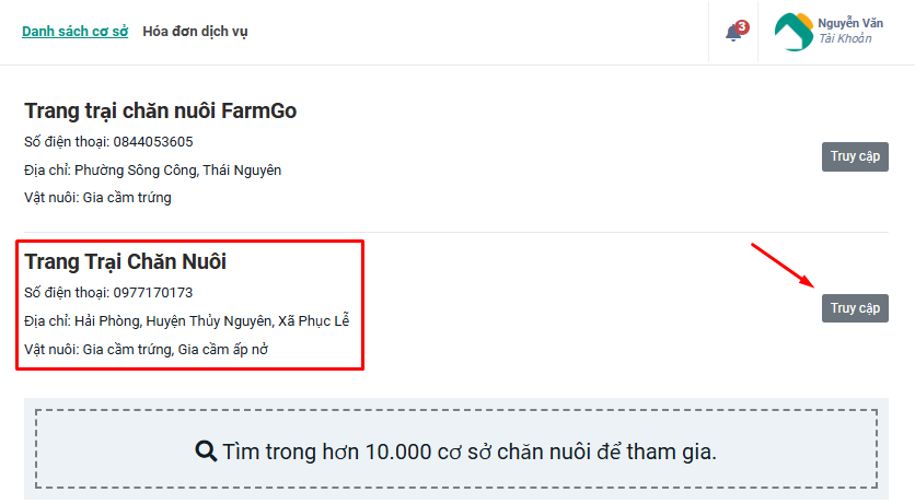 truy cập cơ sở mới farmgo