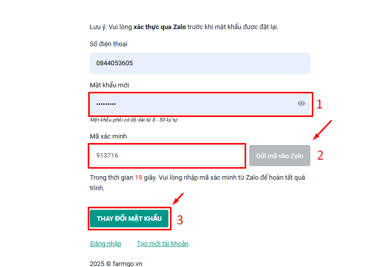 xác nhận mật khẩu farmgo qua zalo