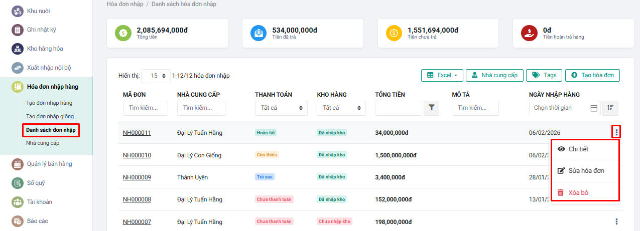 danh sách đơn nhập farmgo