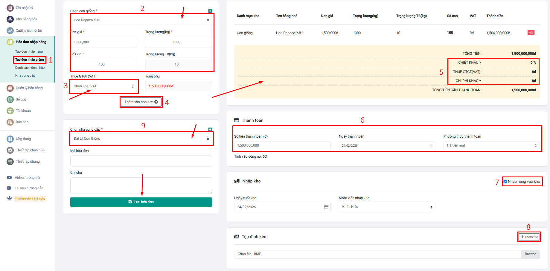 tạo đơn nhập giống farmgo