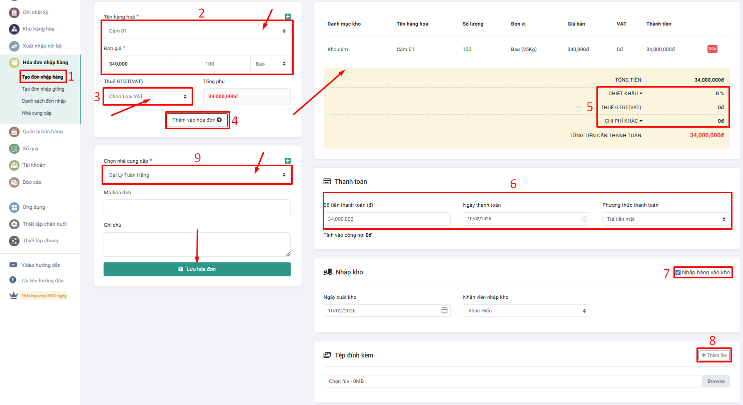 tạo đơn nhập hàng farmgo