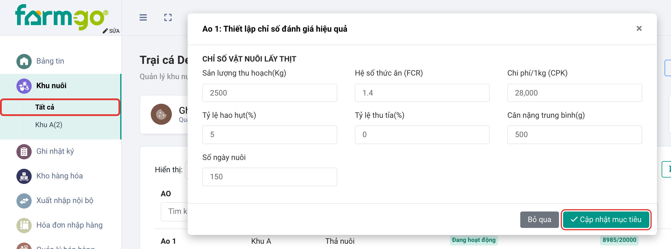 Ao 1: 2.500 kg, FCR 1,4, CPK 28.000đ, hao hụt 5%, 500 g, 150 ngày