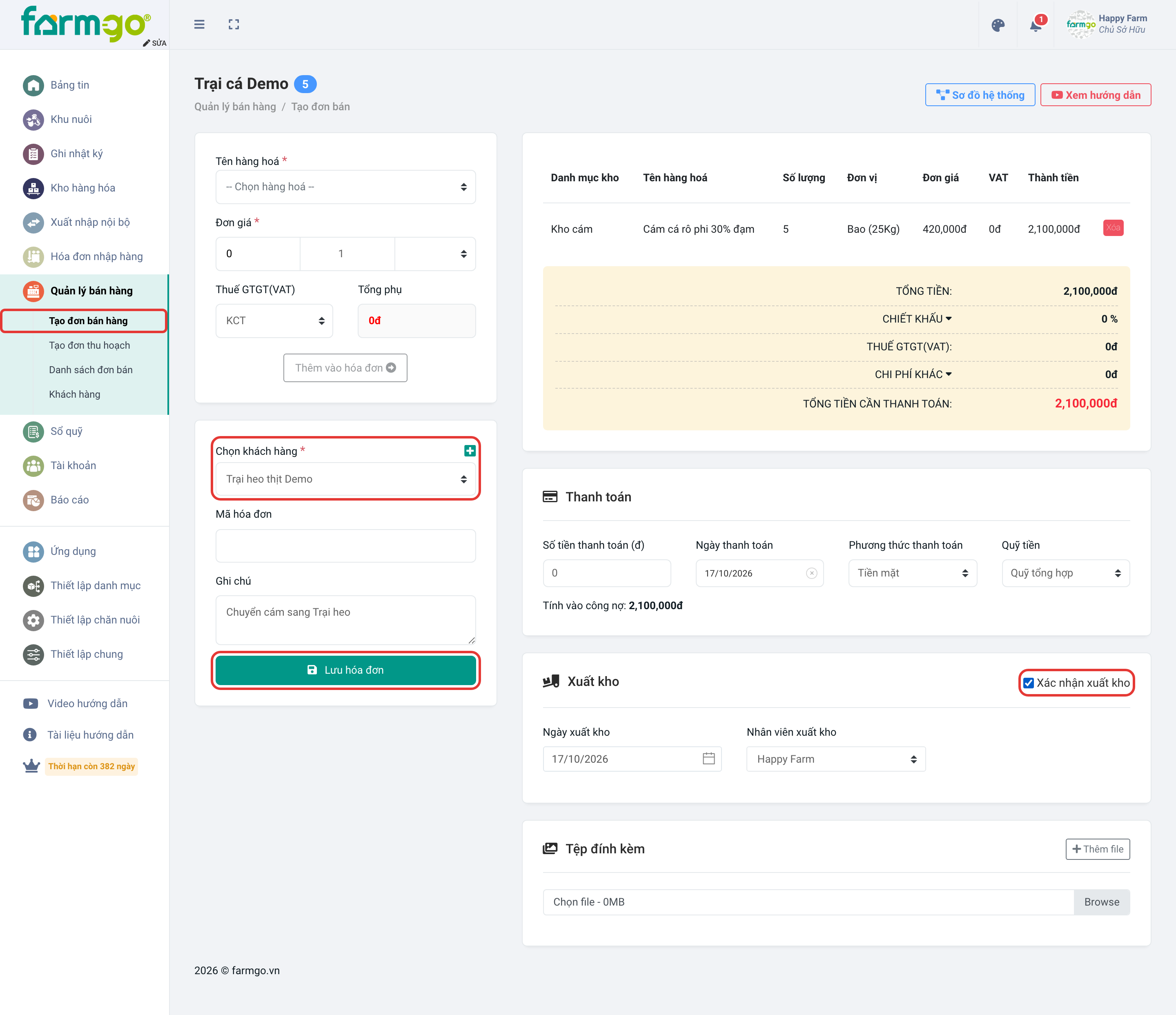 Khách hàng Trại heo thịt Demo, đã tích Xác nhận xuất kho