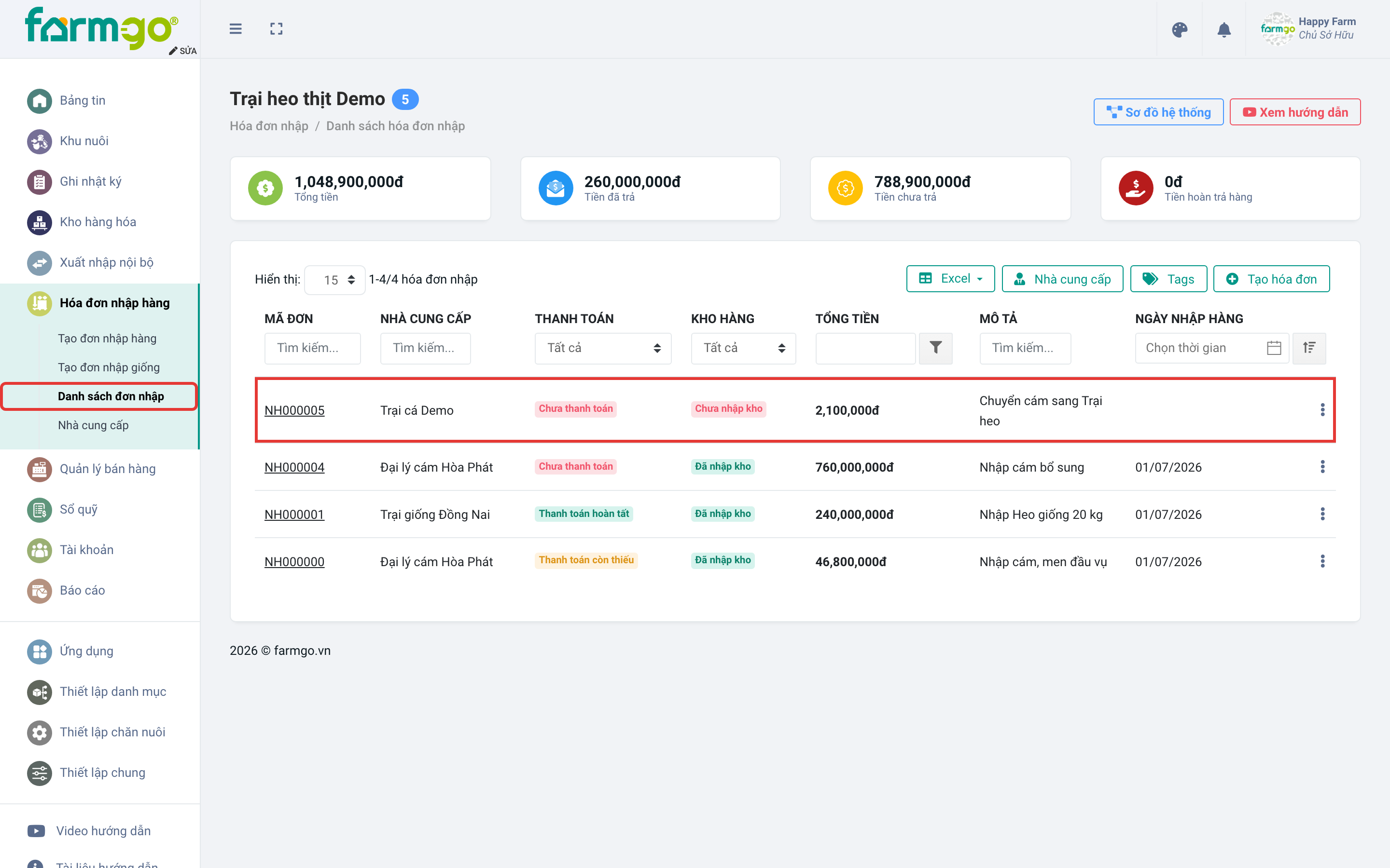 Hóa đơn từ Trại cá Demo, chưa nhập kho