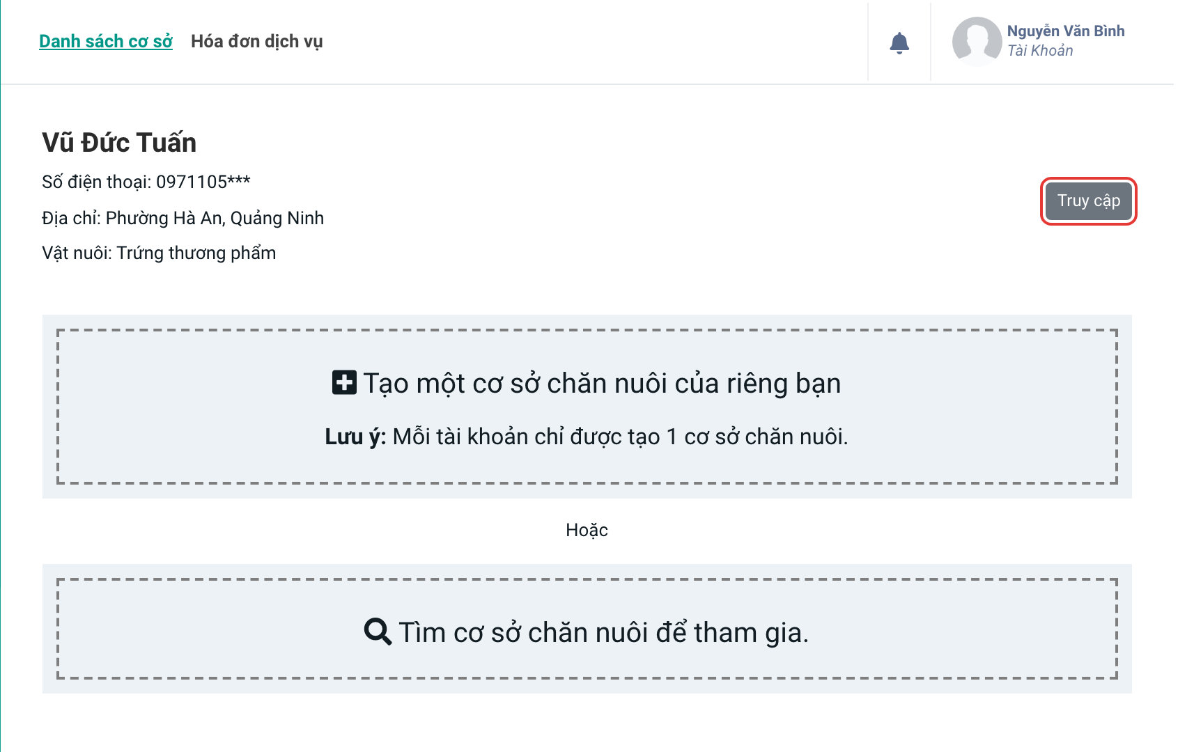 Đã chấp nhận, cơ sở hiện ra kèm nút Truy cập