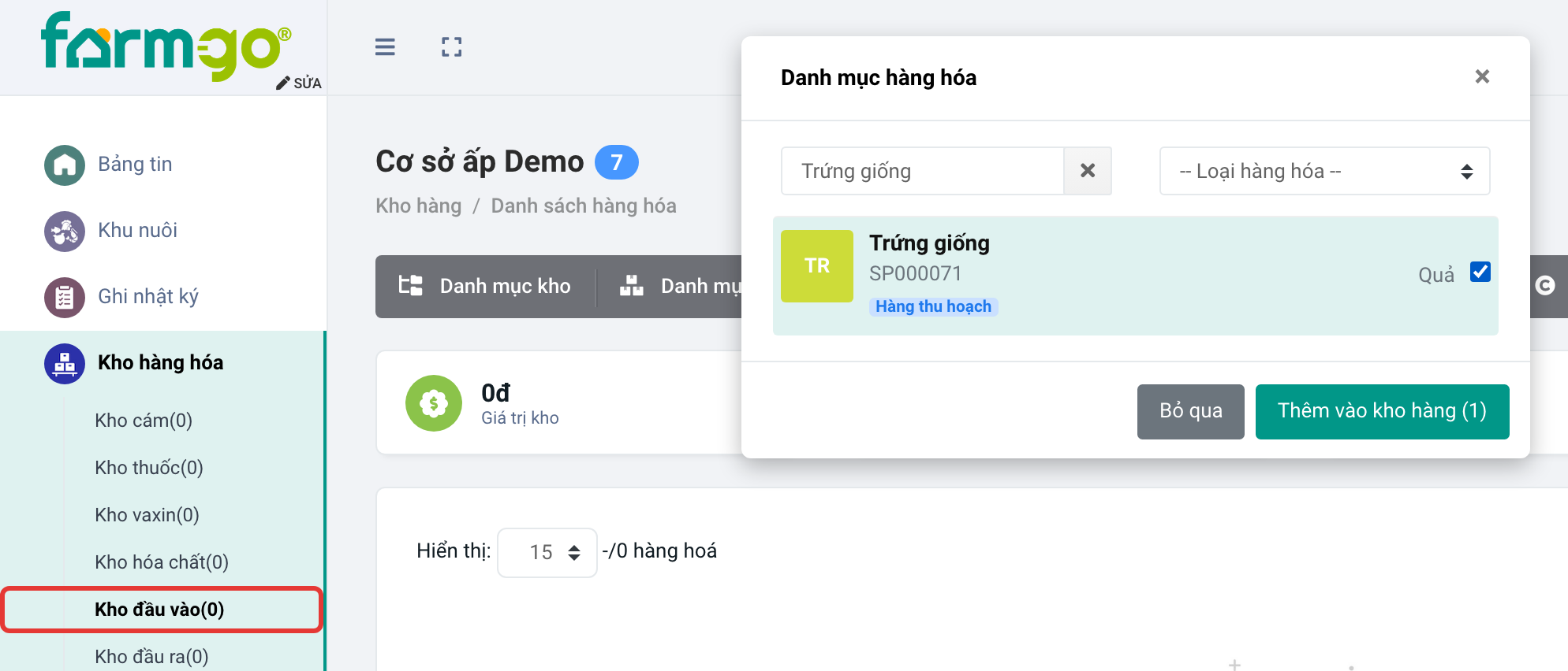 Cơ sở ấp Demo: thêm Trứng giống vào Kho đầu vào