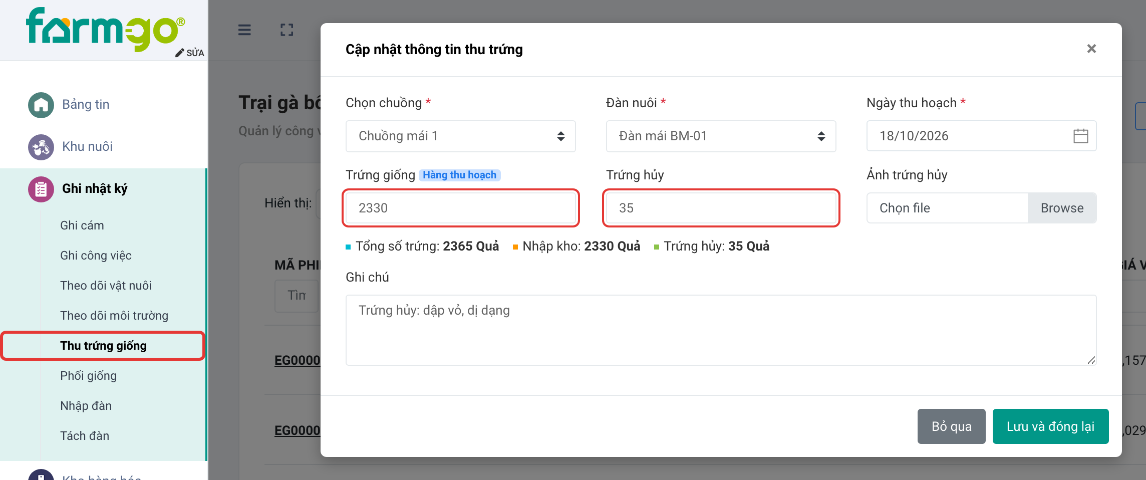 2.330 trứng đạt, 35 trứng hủy