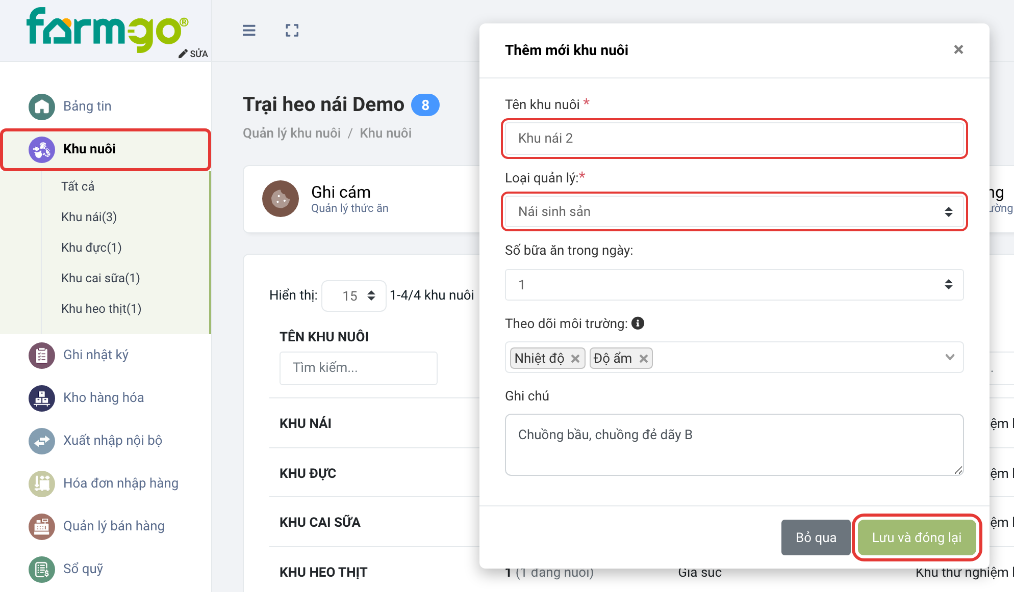 Khu nái 2, loại Nái sinh sản