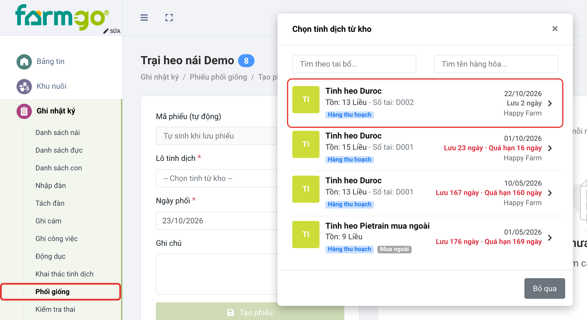 Lô D002 lấy hôm nay: Lưu 1 ngày
