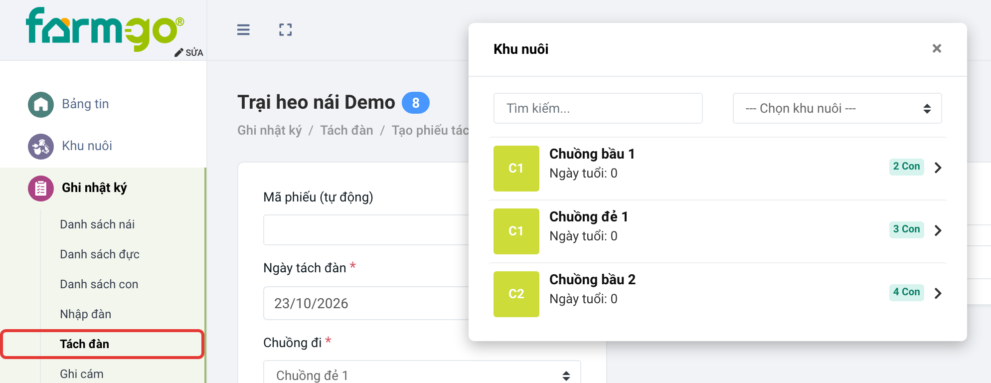 Chỉ hiện chuồng của khu nái