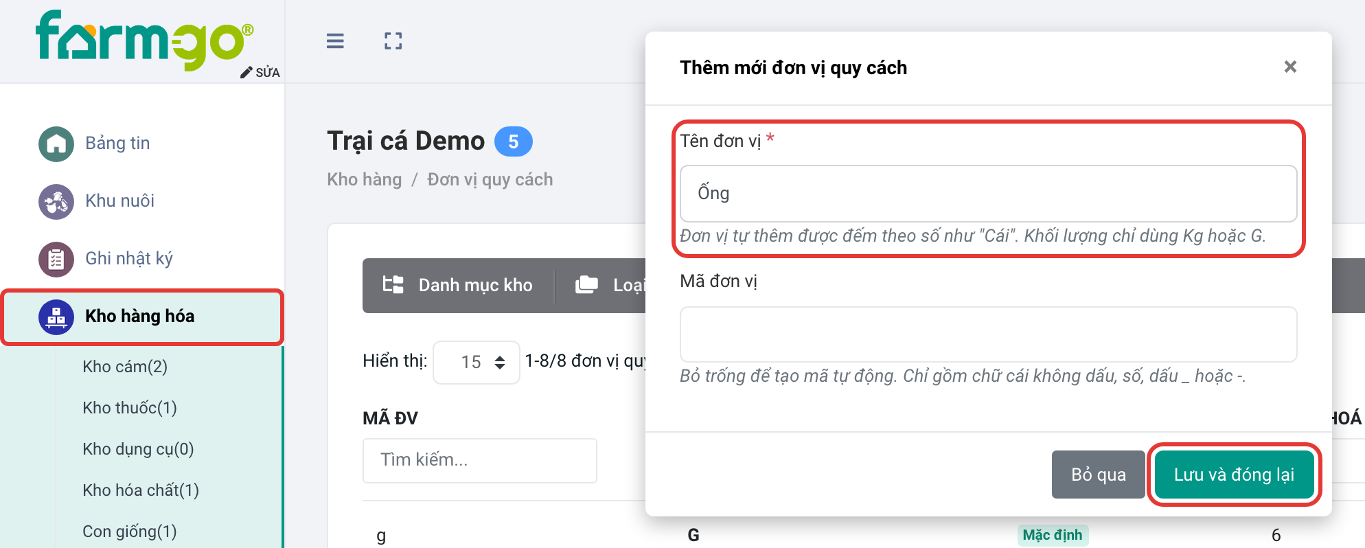 Thêm đơn vị quy cách Ống