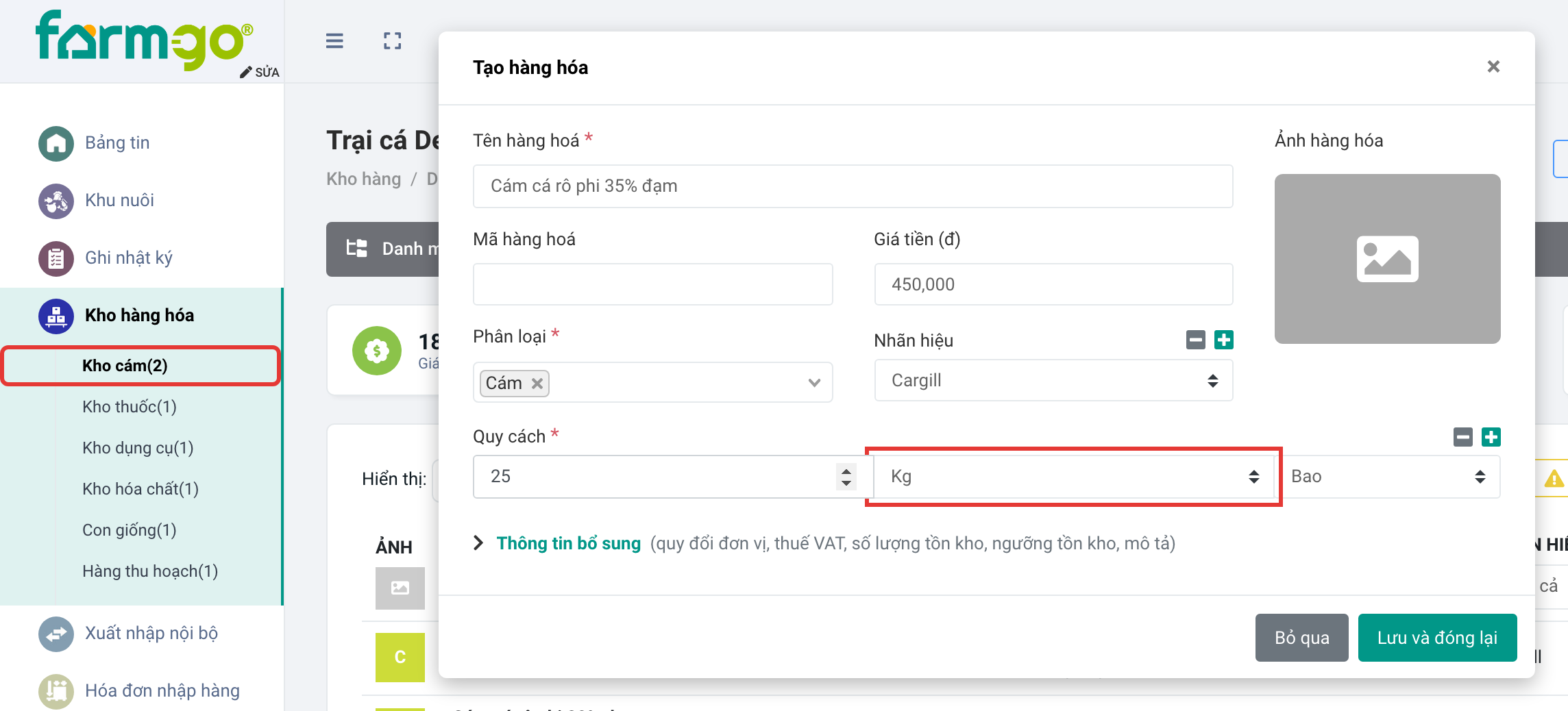 Ô đơn vị quy cách Kg trong form Tạo hàng hóa