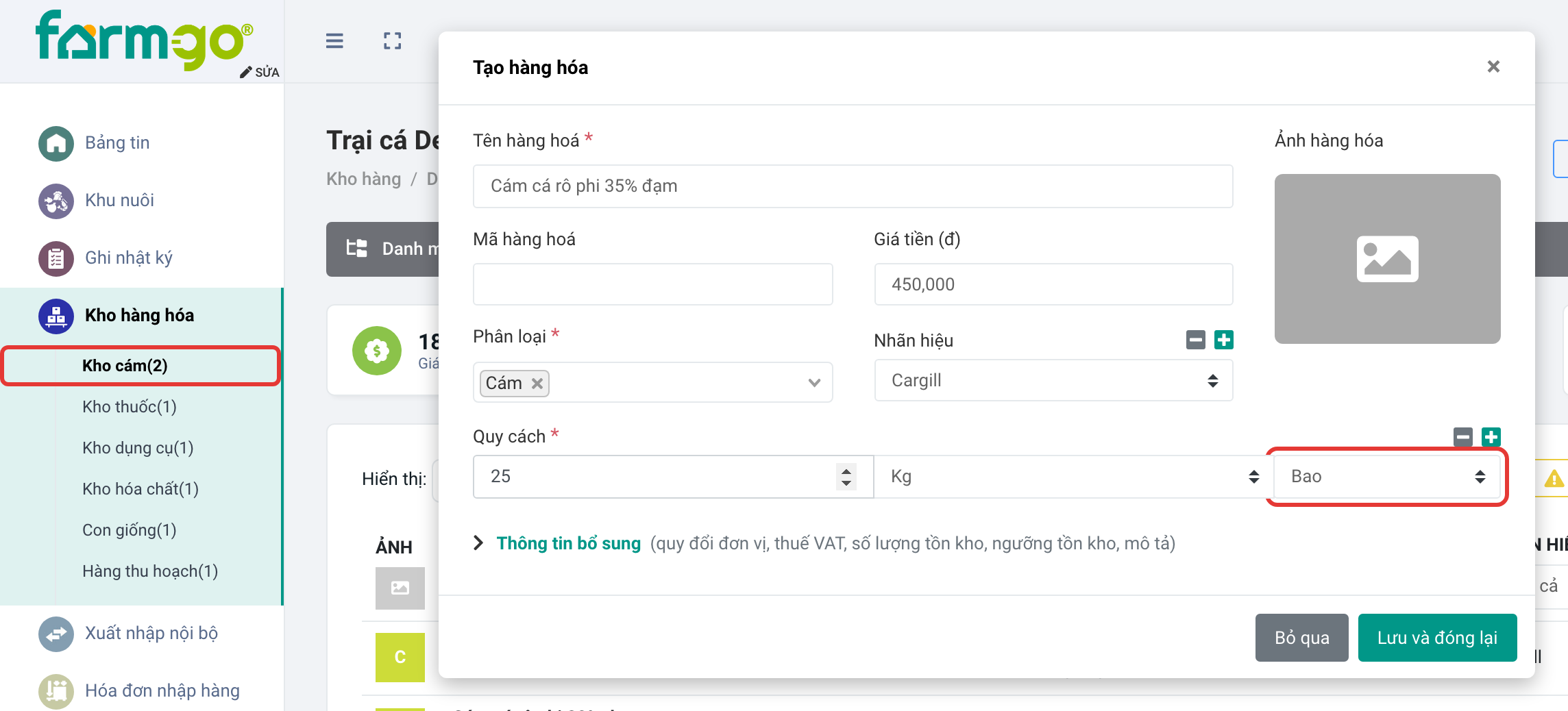 Ô đơn vị tính Bao trong form Tạo hàng hóa