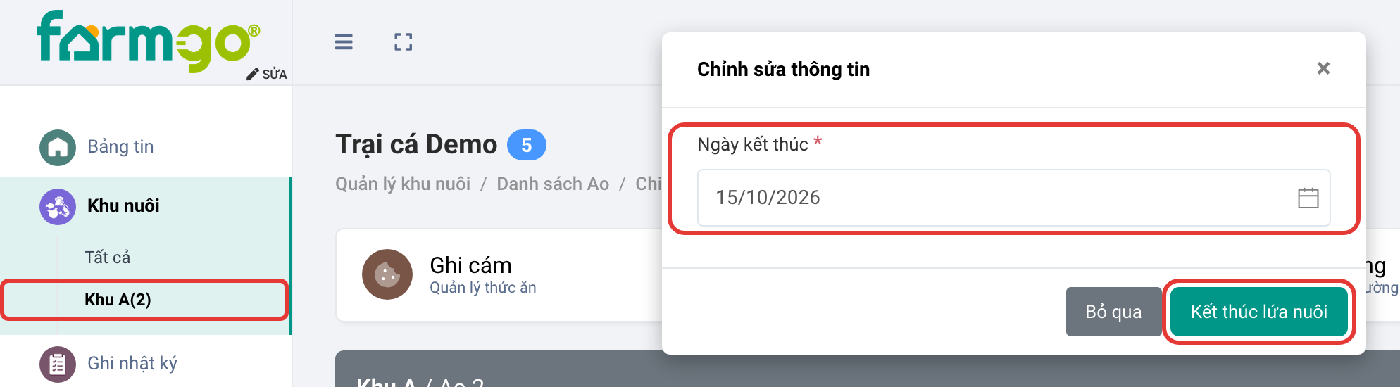 Chọn ngày kết thúc lứa