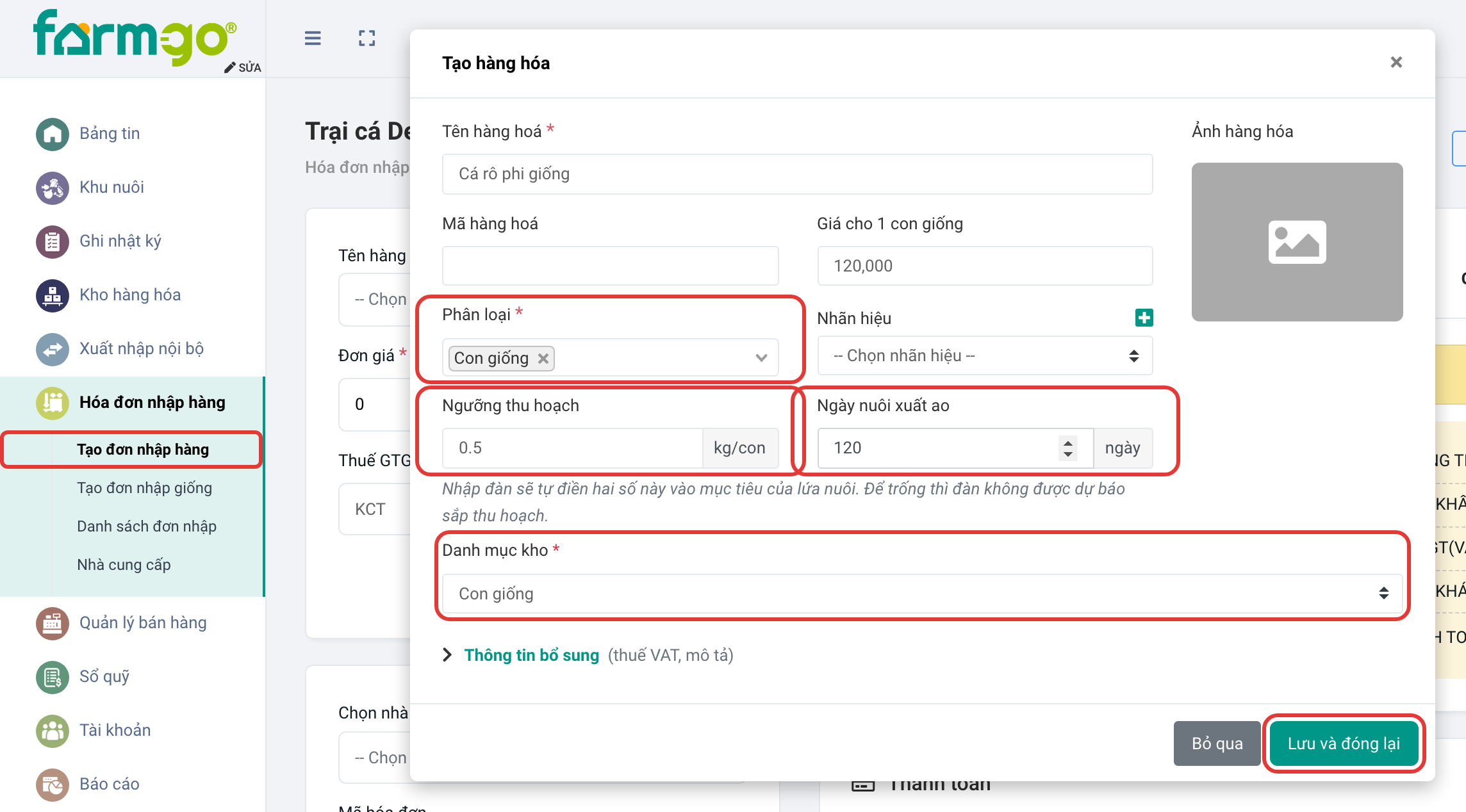 Tạo hàng hóa loại Con giống