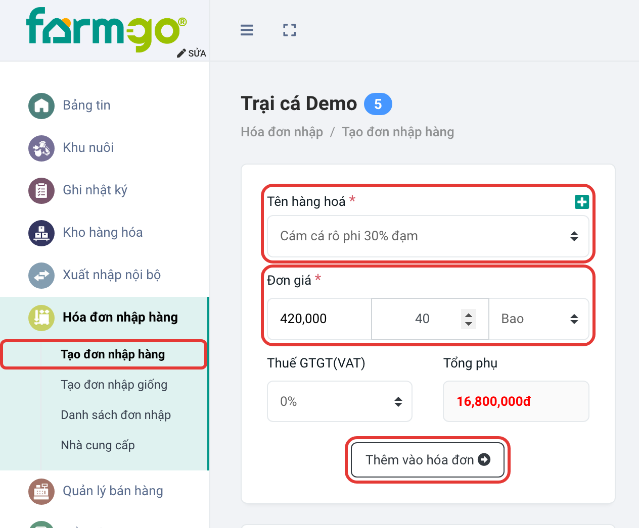 Thêm 40 bao cám vào hóa đơn