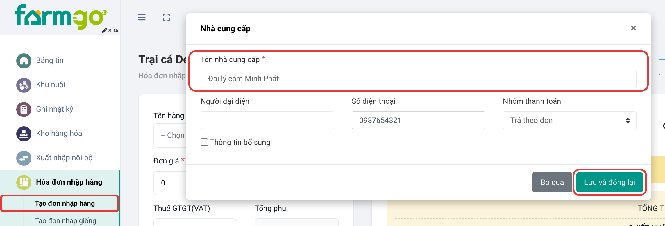 Tạo nhanh nhà cung cấp