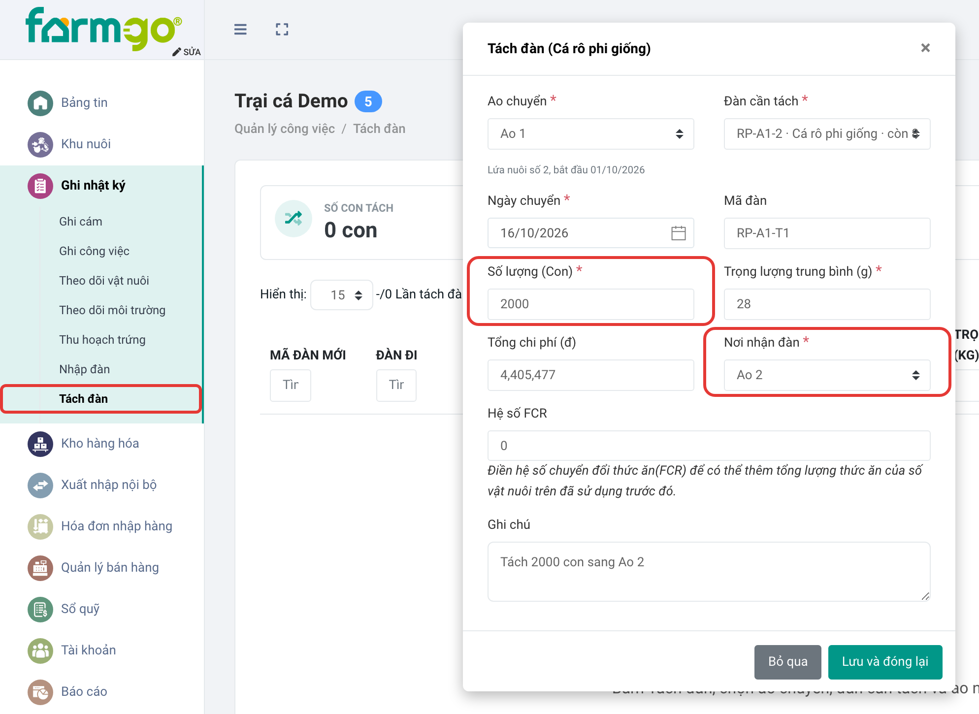 Tách 2.000 con, 28 g/con, sang Ao 2