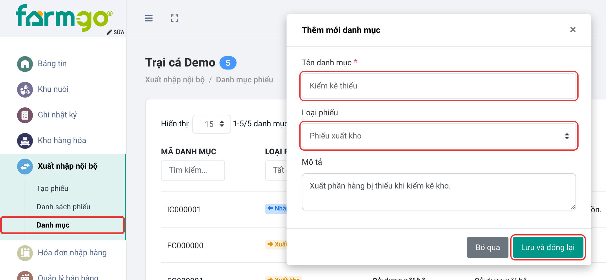 Danh mục Kiểm kê thiếu, loại Phiếu xuất kho