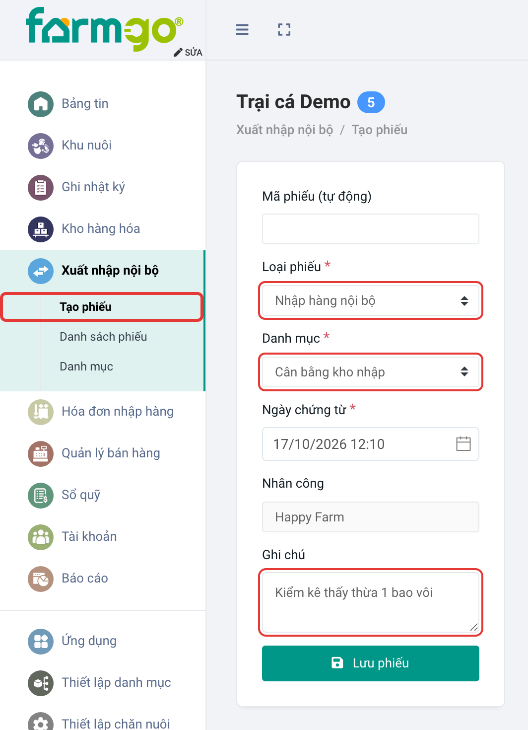 Nhập hàng nội bộ, danh mục Cân bằng kho nhập