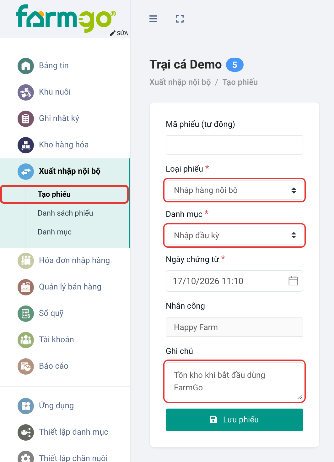 Nhập hàng nội bộ, danh mục Nhập đầu kỳ