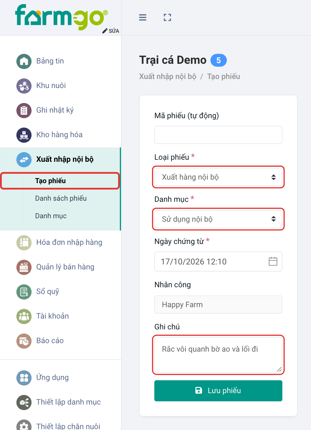 Xuất hàng nội bộ, danh mục Sử dụng nội bộ