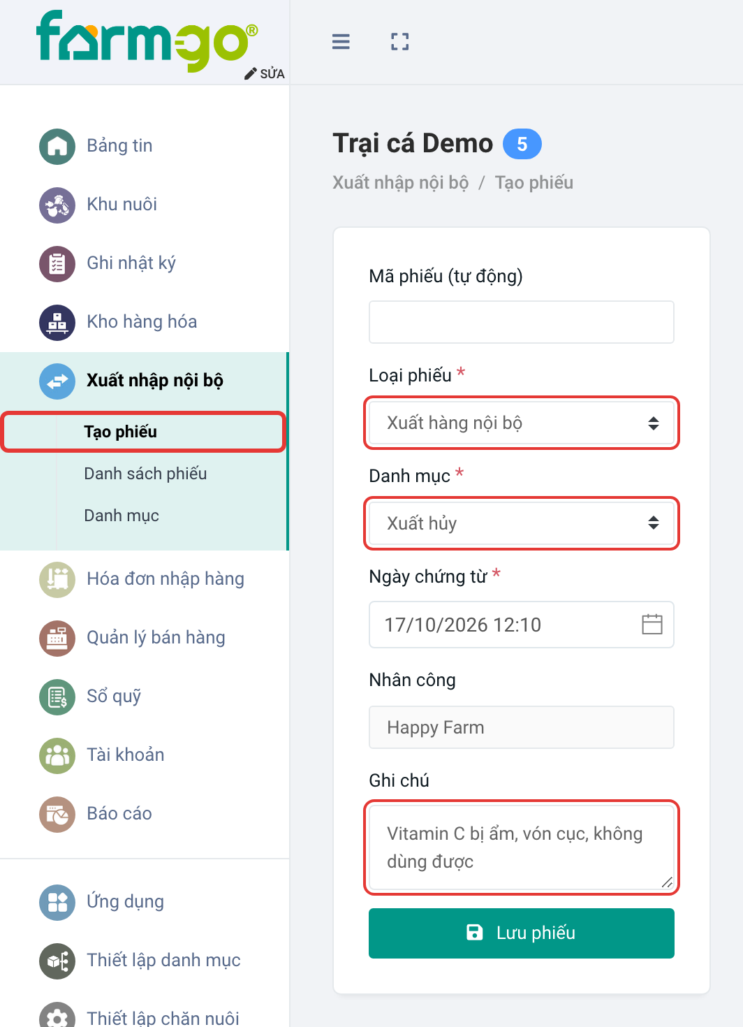 Xuất hàng nội bộ, danh mục Xuất hủy, ghi chú lý do