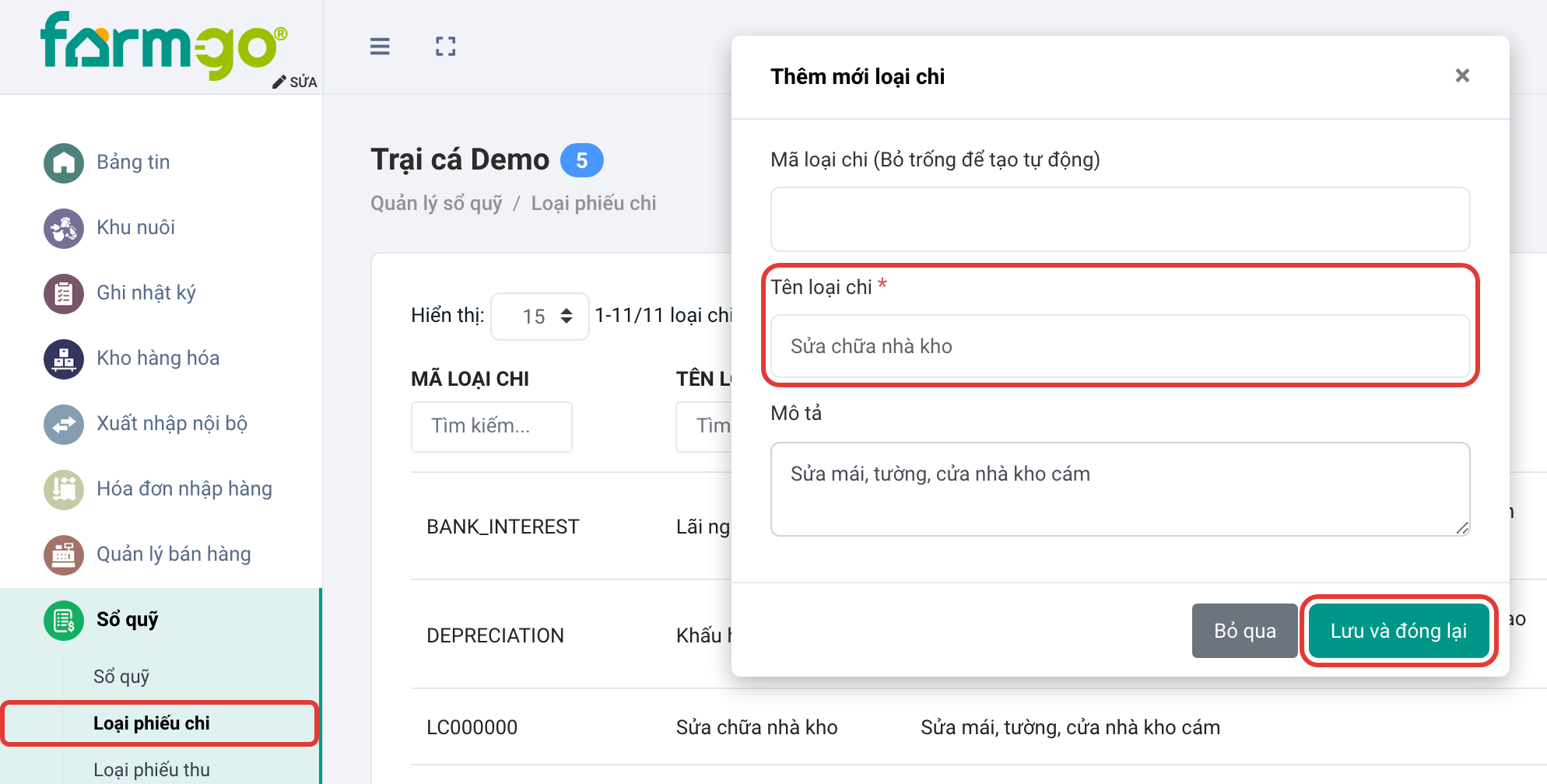 Thêm loại chi Sửa chữa nhà kho
