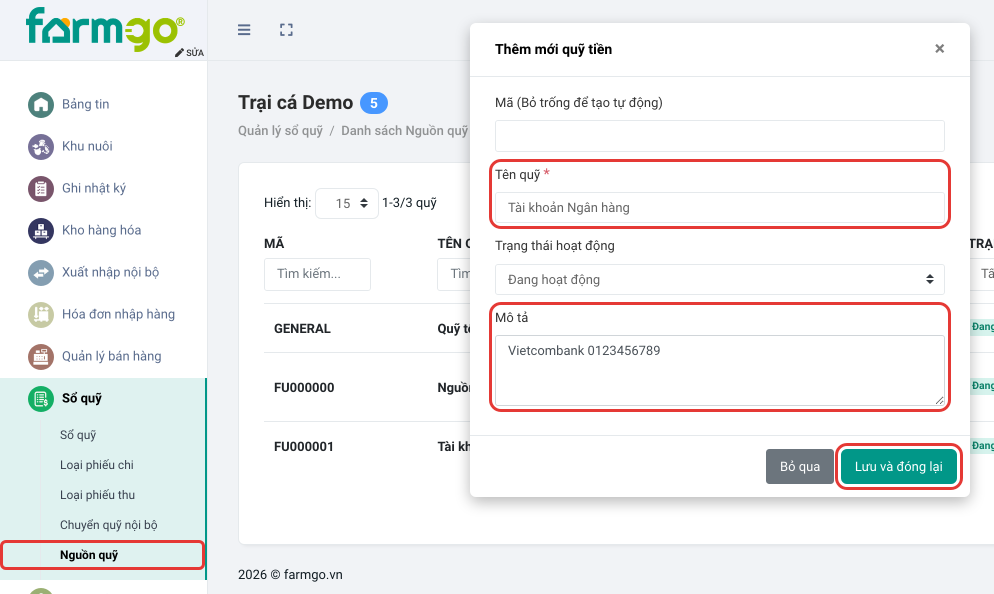 Thêm quỹ Tài khoản Ngân hàng