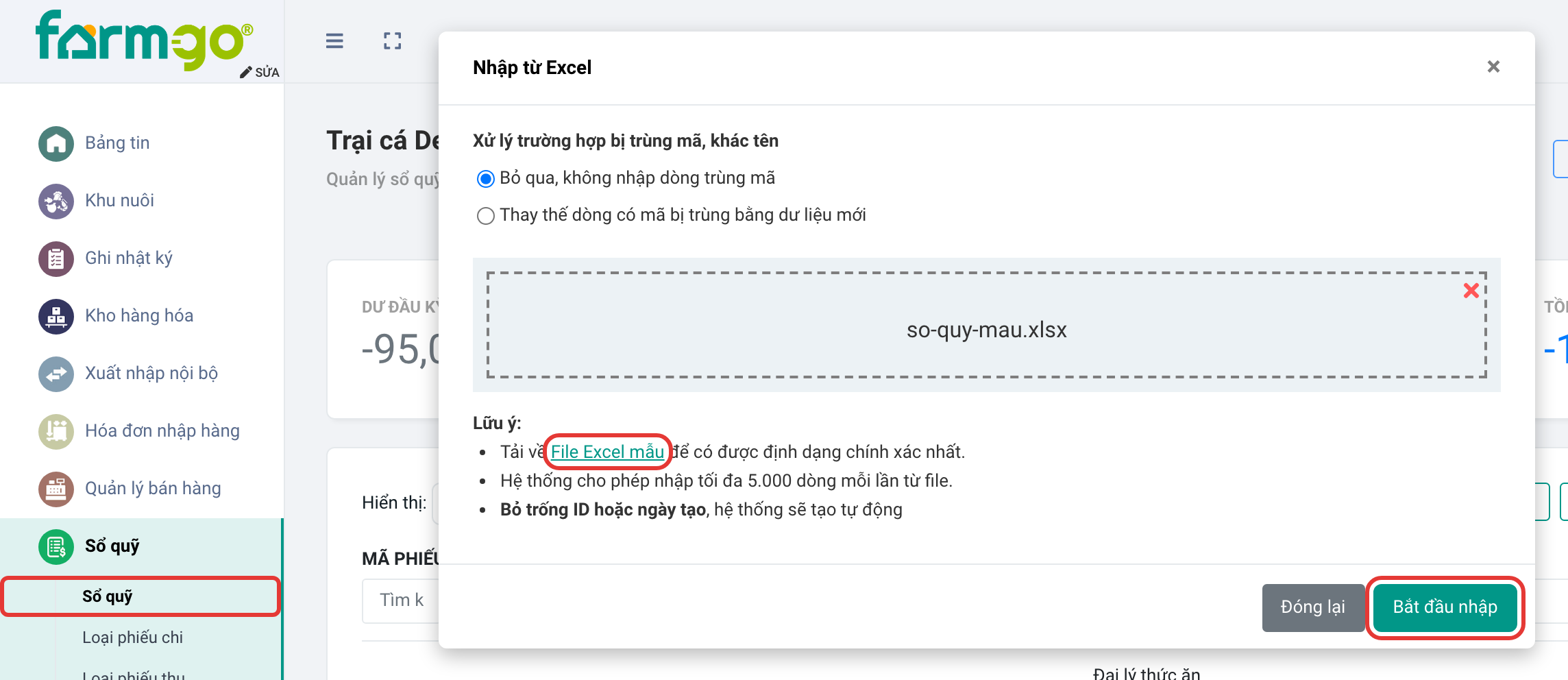 Hộp Nhập từ Excel đã chọn file, nút Bắt đầu nhập