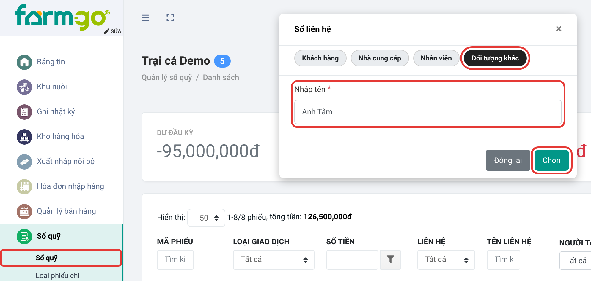 Sổ liên hệ, tab Đối tượng khác, nhập tên Anh Tâm