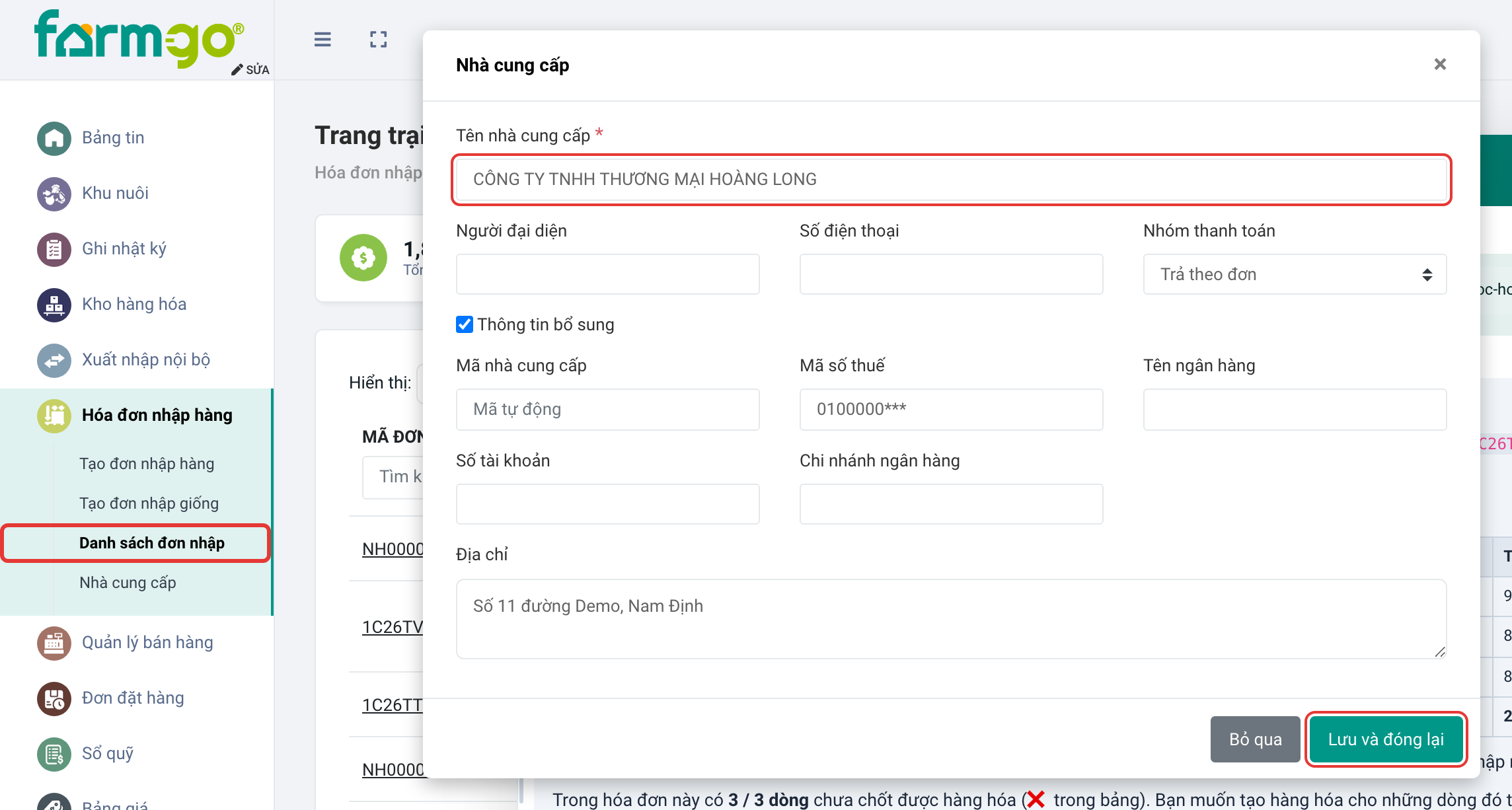Form Nhà cung cấp điền sẵn CÔNG TY TNHH THƯƠNG MẠI HOÀNG LONG